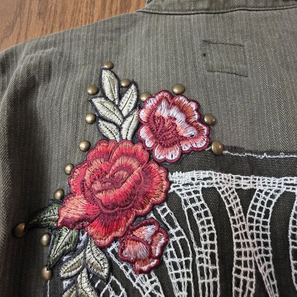 Boom Boom Jeans Jacket L Skull Green Floral Embroidered Button Military Style - Picture 12 of 14